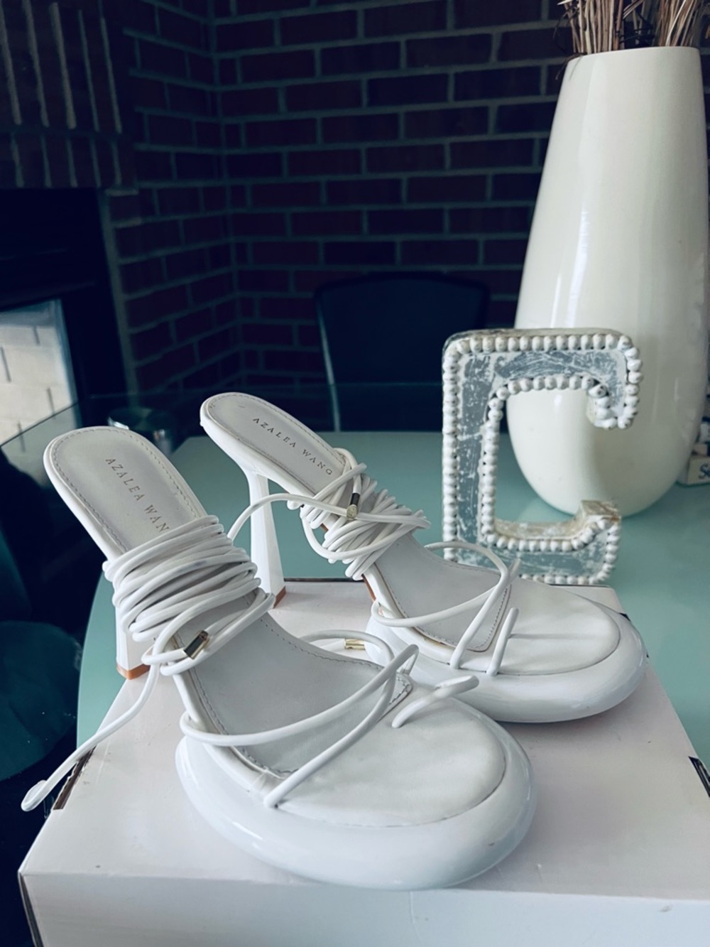 AKIRA White Patent Lace-Up mid heel